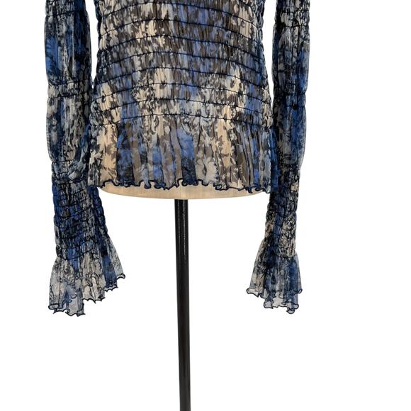 Free People Hello There Top Blouse Smocked Flare Sleeve Mesh Floral Blue Large - Picture 6 of 11